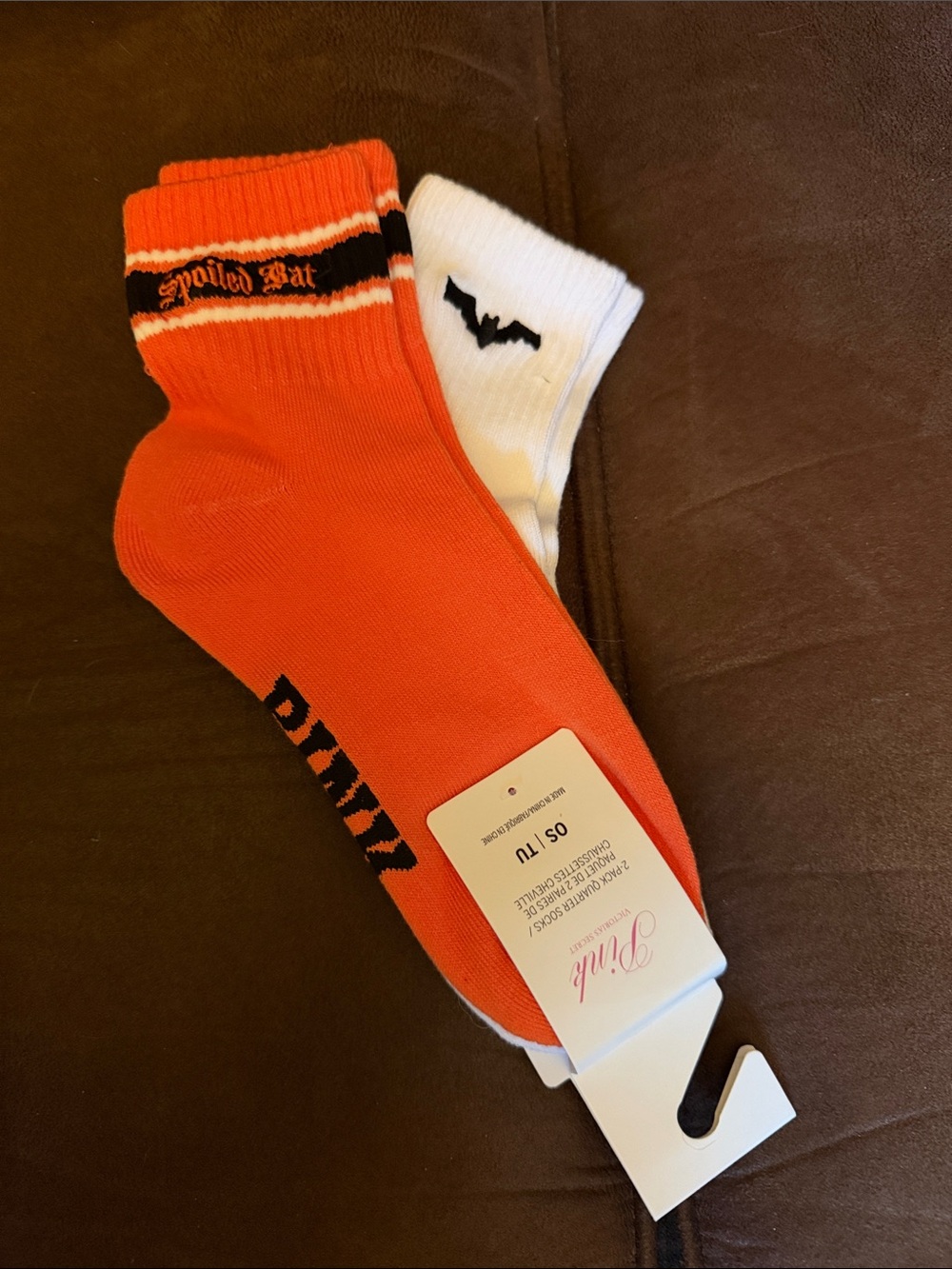 PINK Victoria's Secret Orange & White Crew Socks with Bat Detail